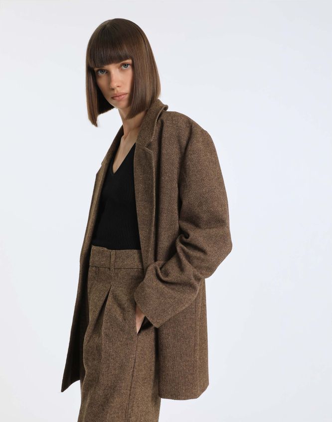 Коричневый двубортный жакет oversize из твида Gloria Jeans